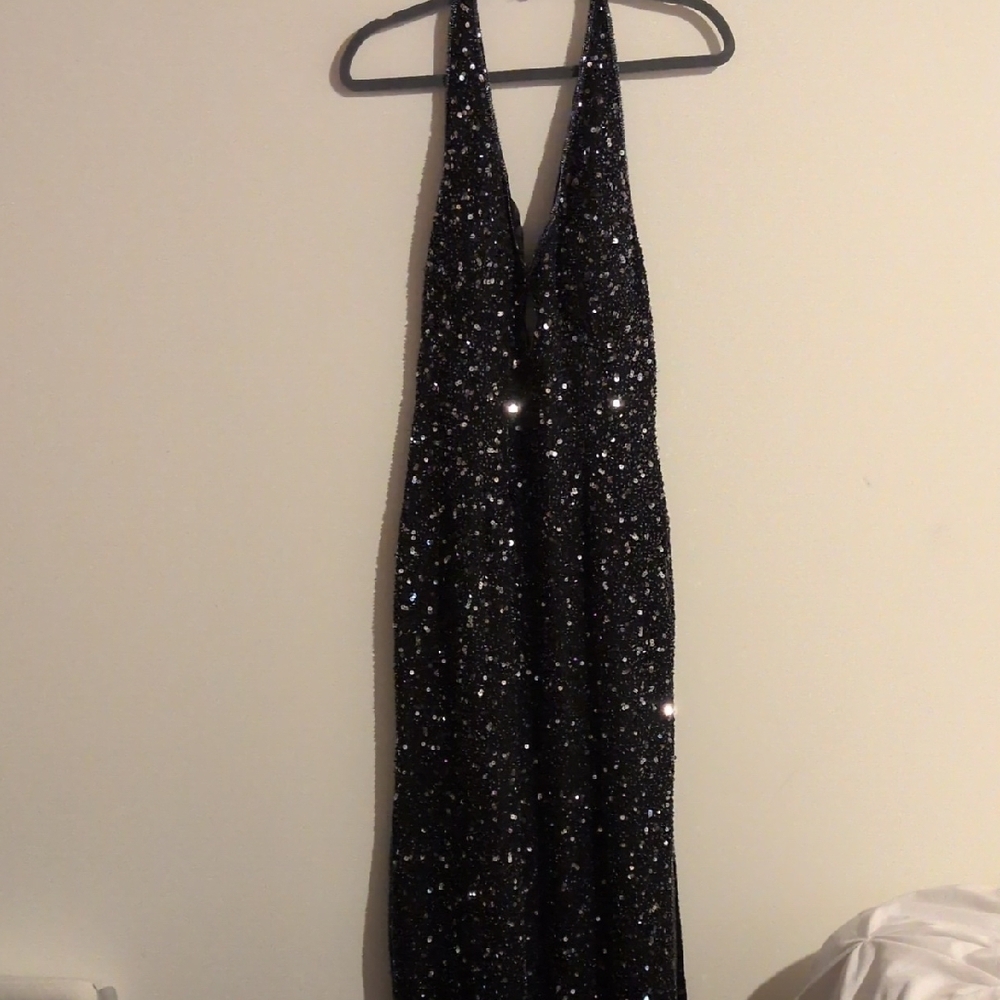 Scala Black Sequin Halter Gown